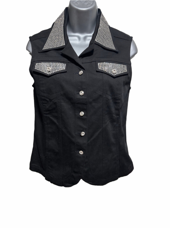 Parisline Jackets & Blazers - Parisline Black Denim Rhinestone Bling Vest Women's Small